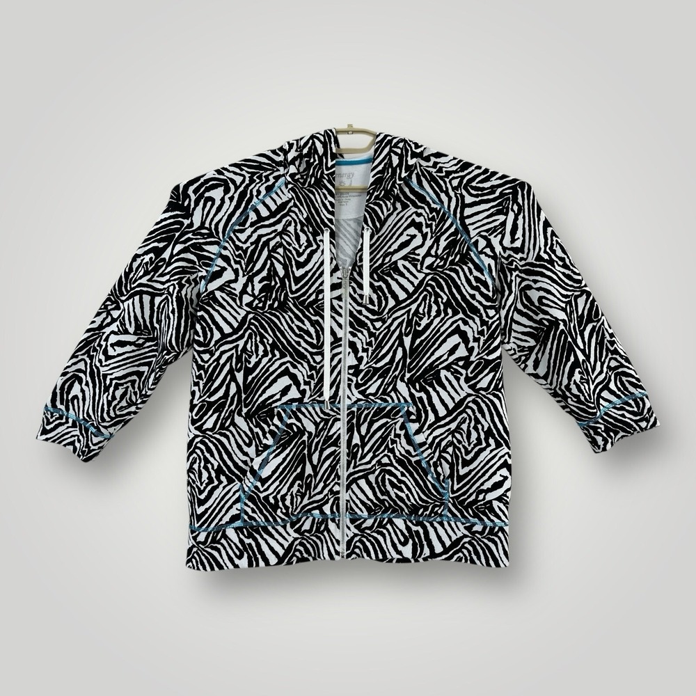 Chicos‎ 3 ZENERGY Zebra Hoodie Women XL Full Zip W/ Pouch Pocket 3/4 Sleeve